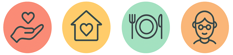 Illustrations : accompagnement, maison, repas et aide aux personnes âgées